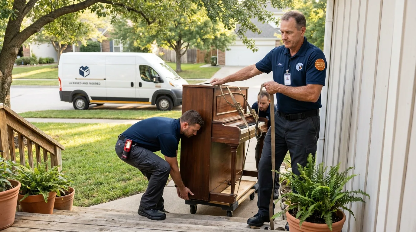 Licensed piano movers securing grand piano in Fernley, NV
