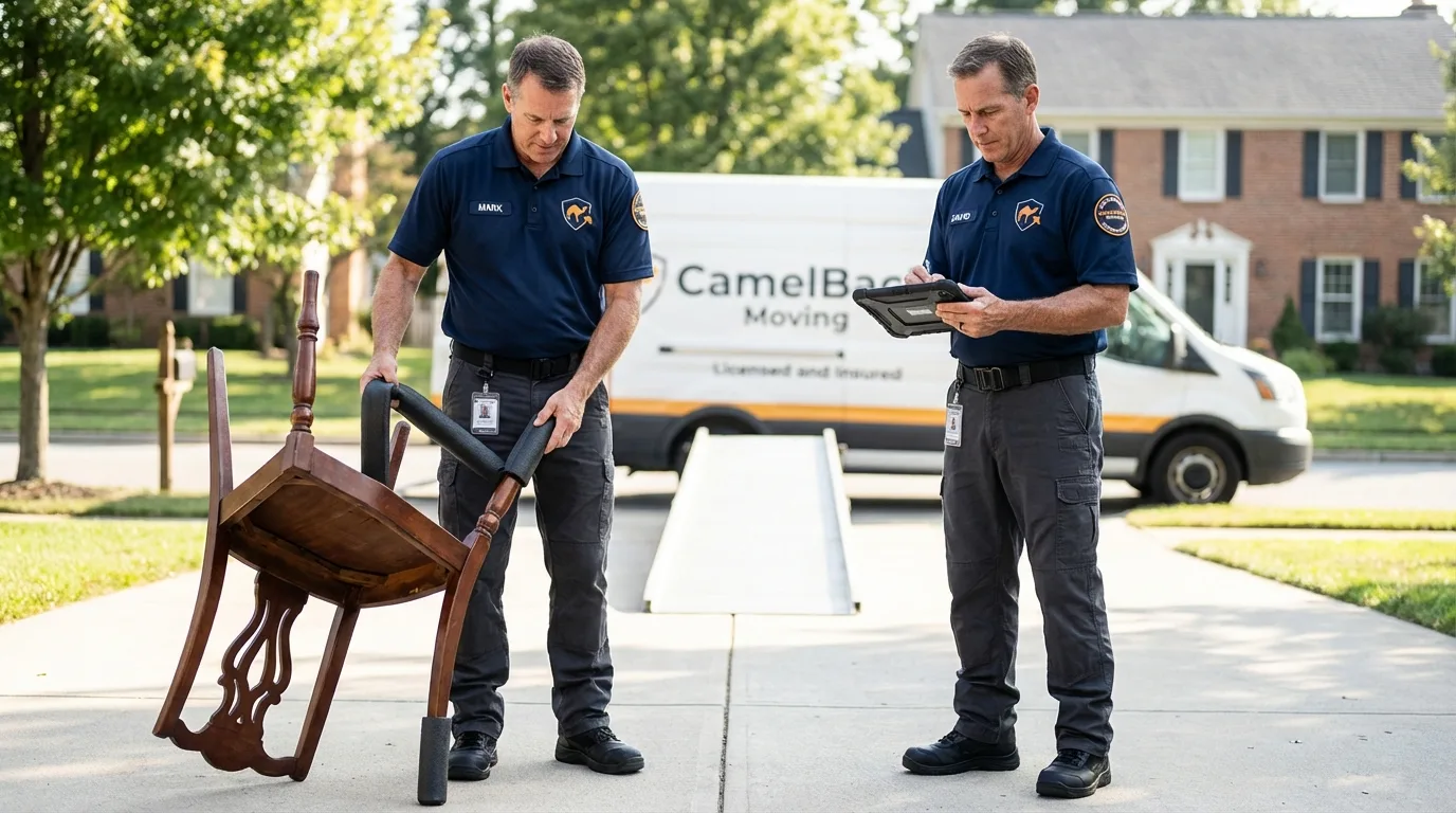 Movers inspecting furniture for damage prevention before loading in Fernley, NV