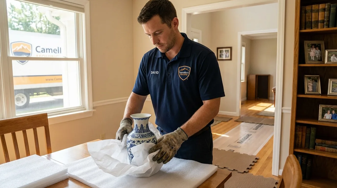 Professional crew carefully wrapping antique vase for senior downsizing move in Fernley, NV